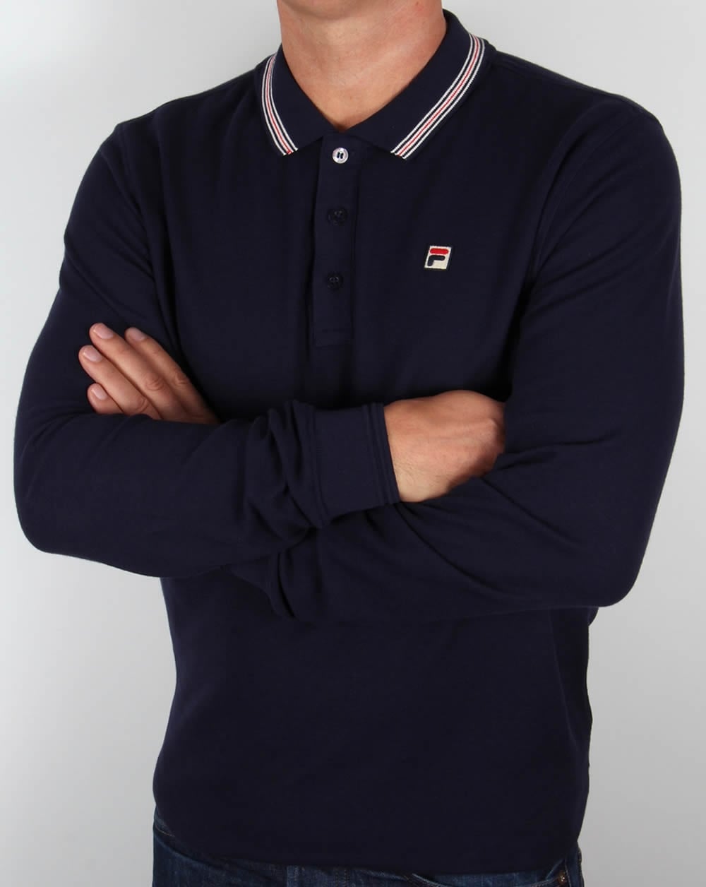 Fila Vintage Tipped Long Sleeve Polo Shirt Navy