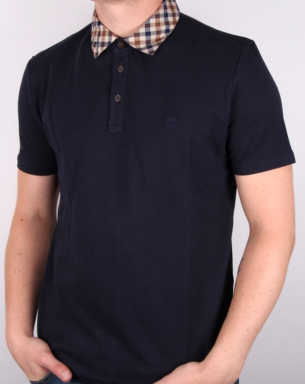 Aquascutum Nathan Check Collar Polo Shirt Navy