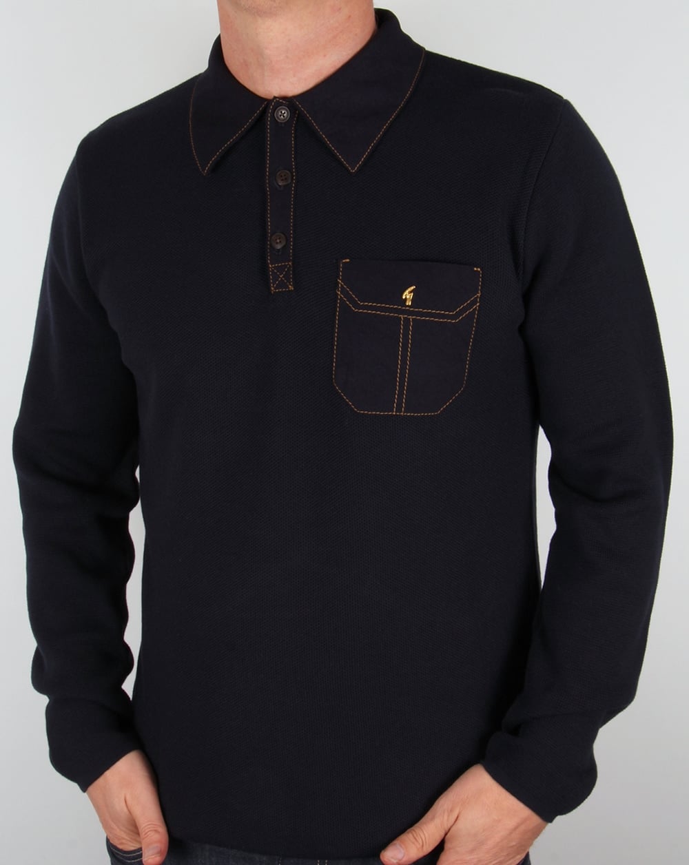 Gabicci Vintage Knitted Long Sleeve Polo Shirt Navy