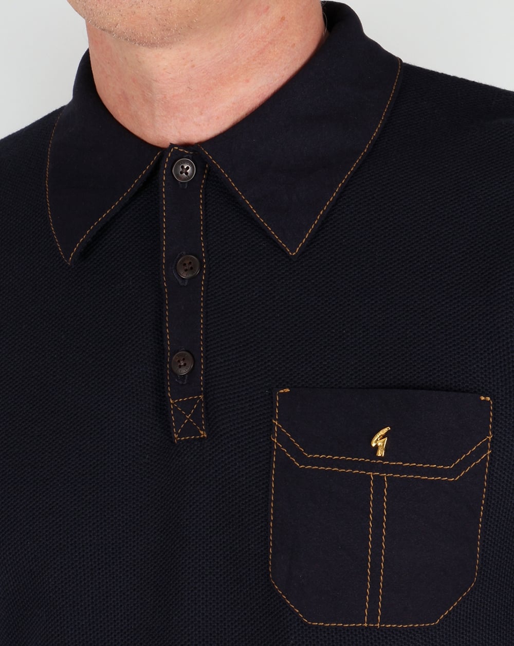 Gabicci Vintage Knitted Long Sleeve Polo Shirt Navy