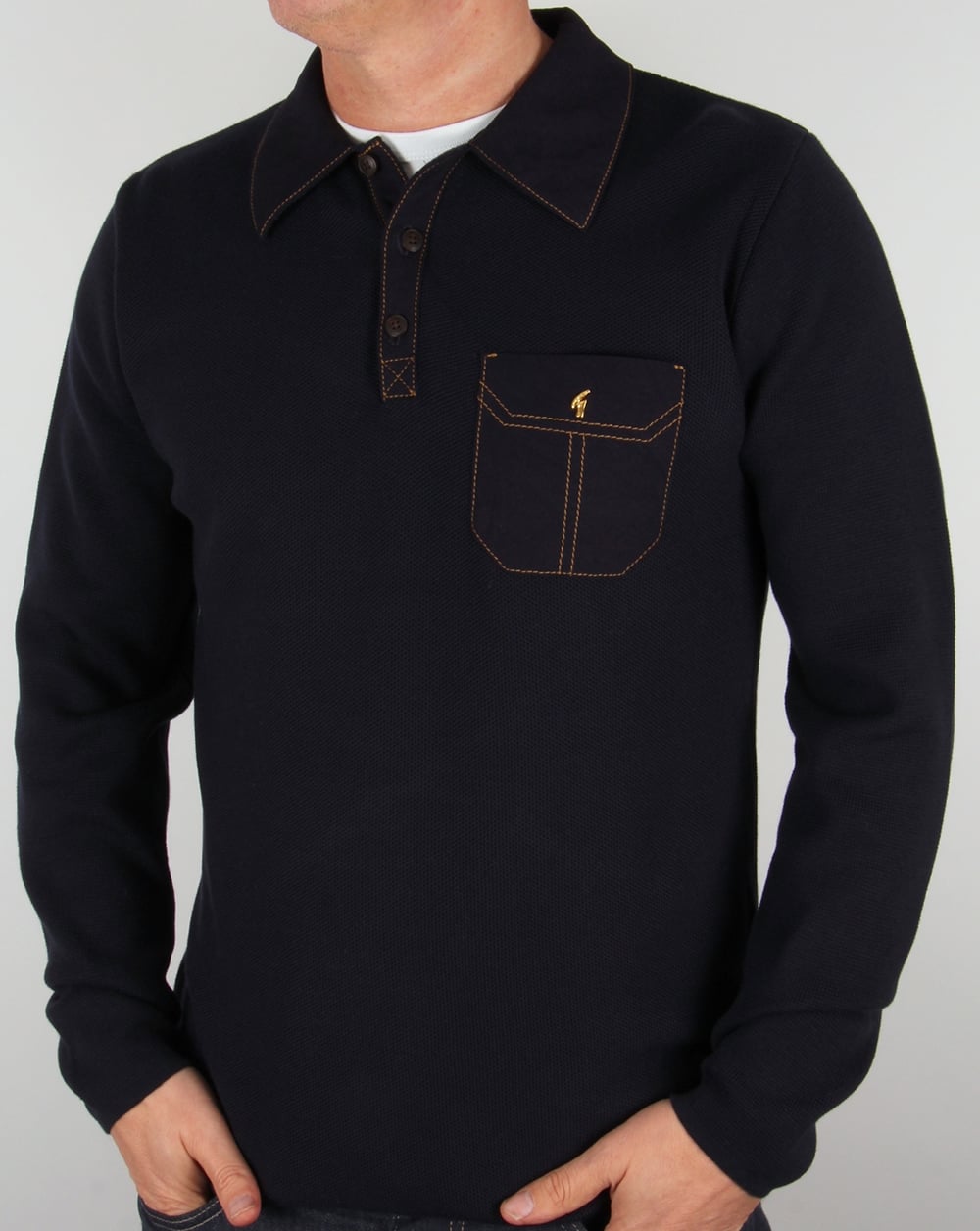 Gabicci Vintage Knitted Long Sleeve Polo Shirt Navy