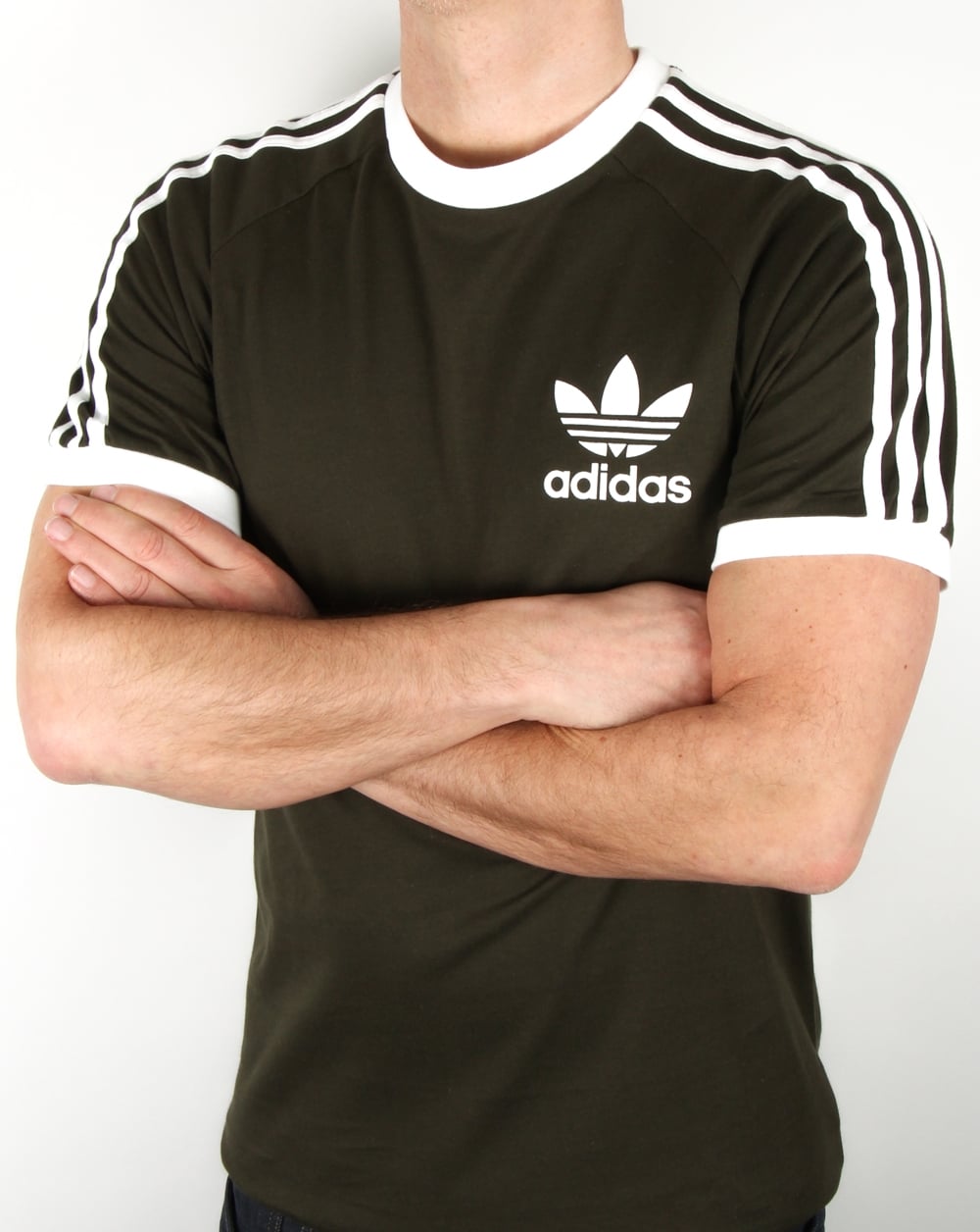 Adidas Originals Retro 3 stripe T Shirt Khaki/White