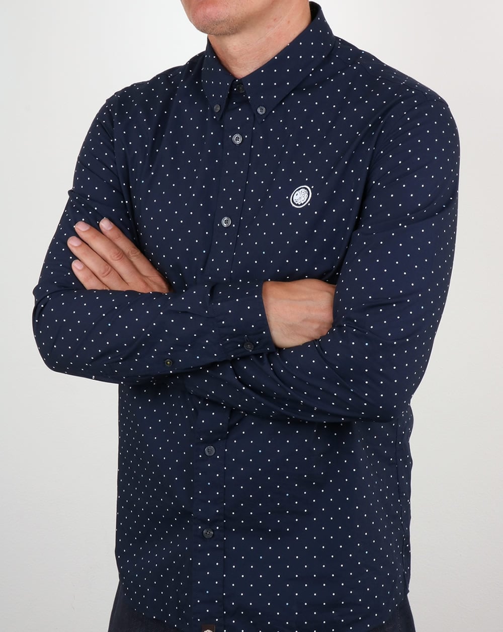 Pretty Green Horlock Long Sleeve Polka Dot Shirt Navy