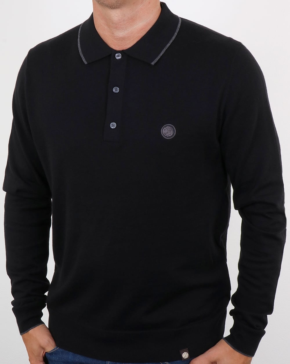 Pretty Green Tilson Long Sleeve Knitted Polo Black