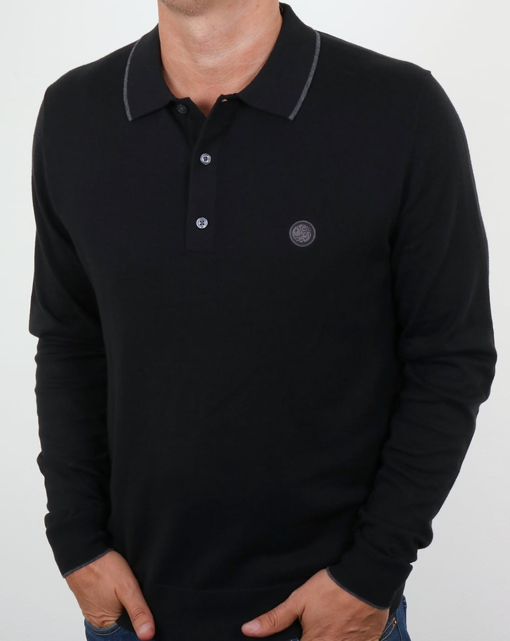 Pretty Green Tilson Long Sleeve Knitted Polo Black