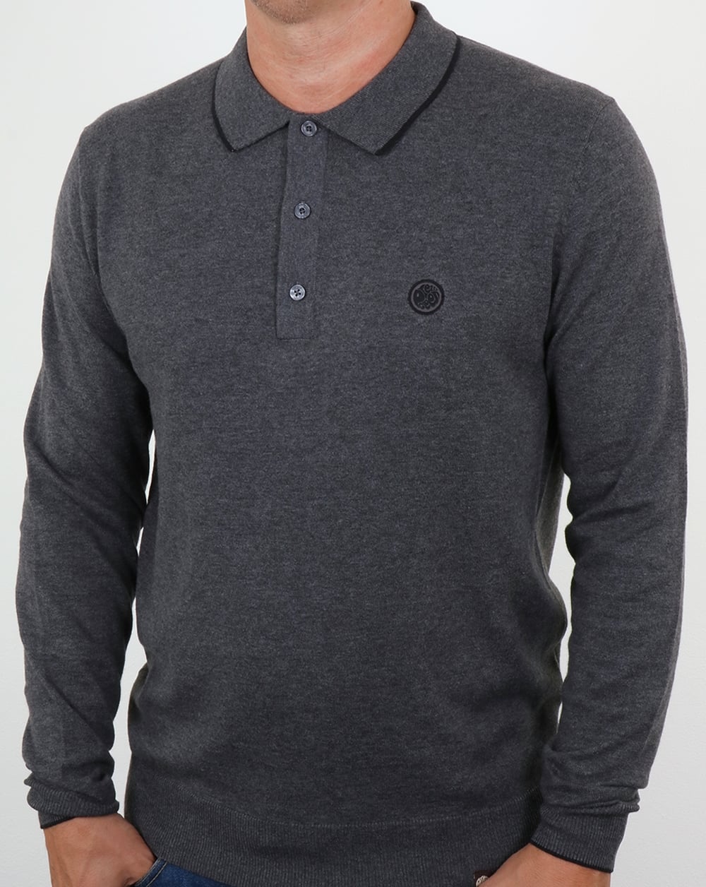 Pretty Green Tilson Long Sleeve Knitted Polo Dark Grey Marl