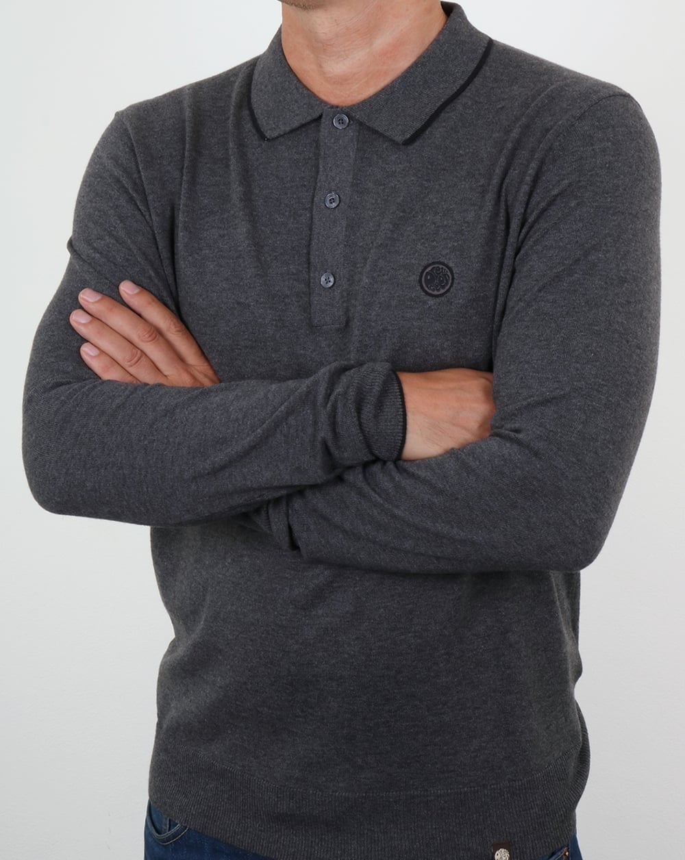 Pretty Green Tilson Long Sleeve Knitted Polo Dark Grey Marl
