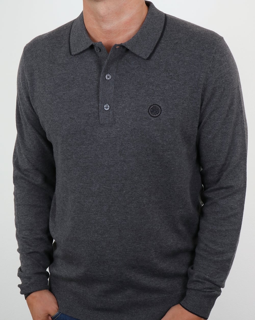 Pretty Green Tilson Long Sleeve Knitted Polo Dark Grey Marl