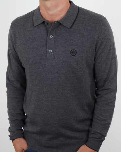 Pretty Green Tilson Long Sleeve Knitted Polo Dark Grey Marl
