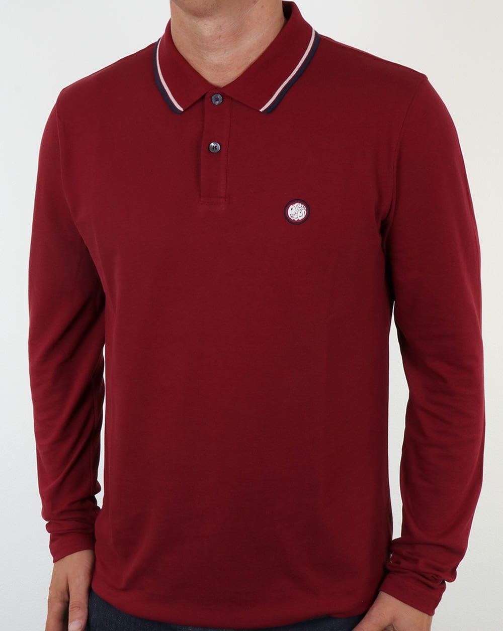 Pretty Green Barton Long Sleeve Tipped Polo Dark Red