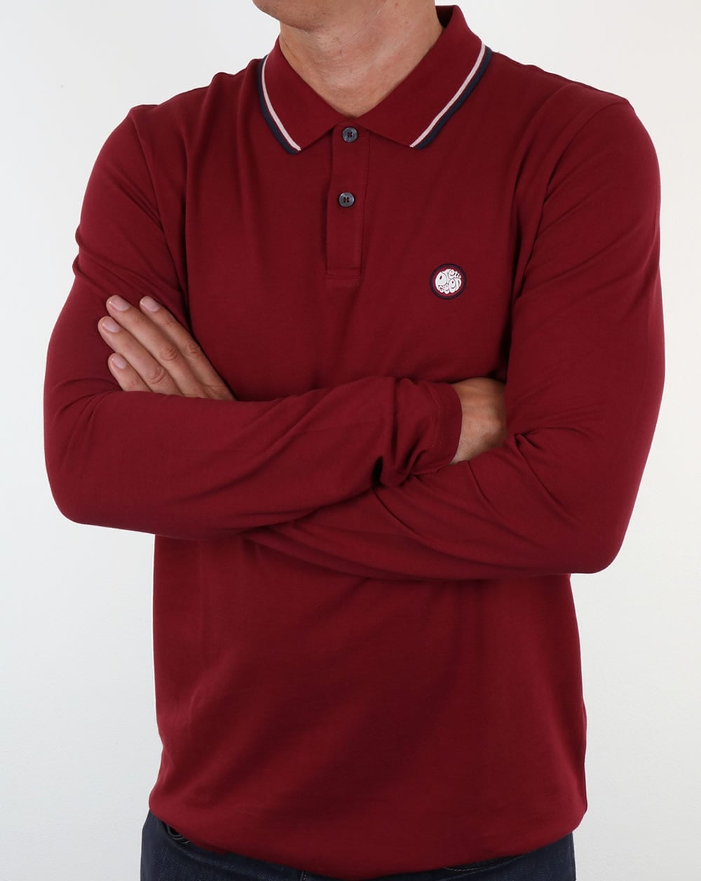 Pretty Green Barton Long Sleeve Tipped Polo Dark Red