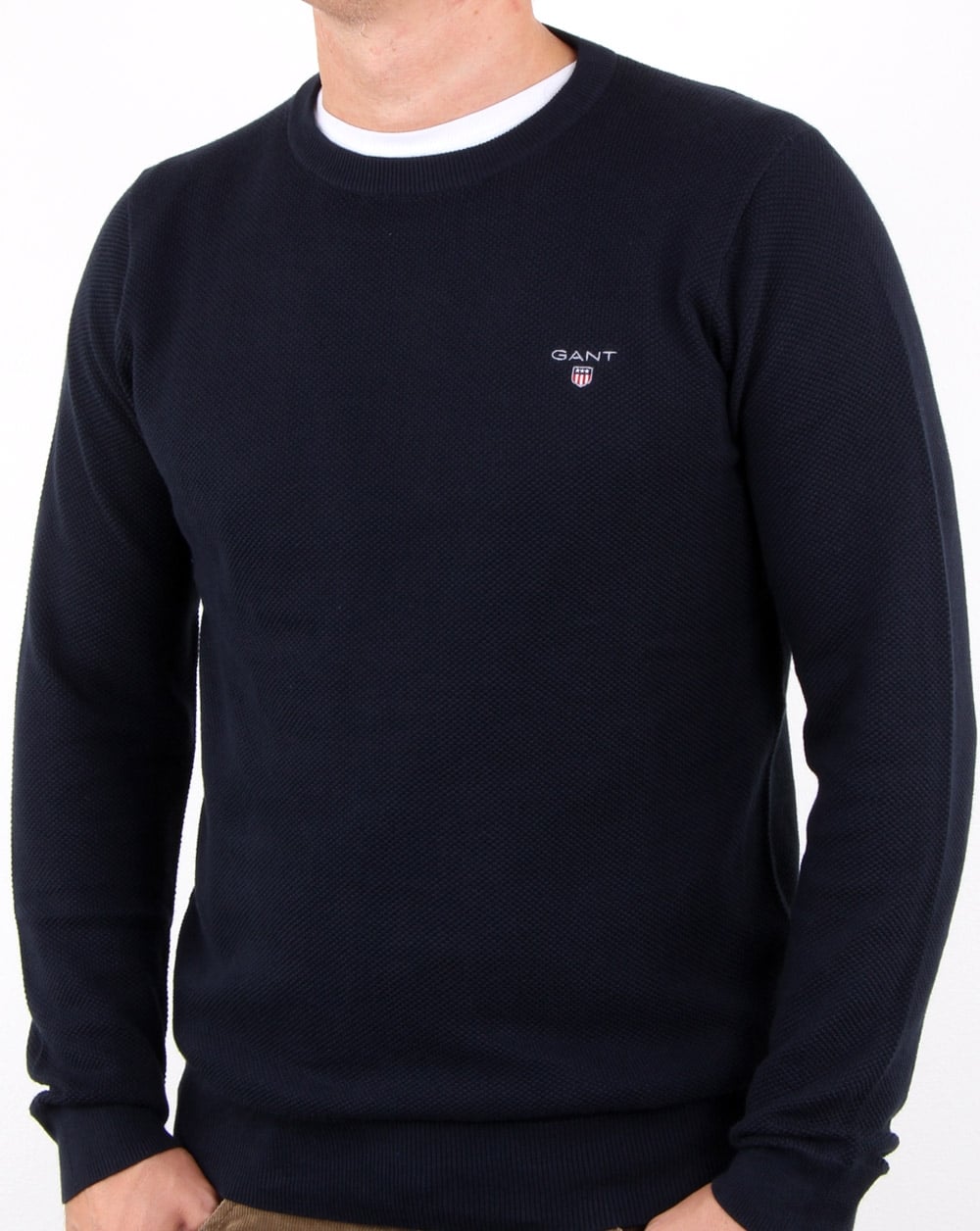 Gant Pique Crew Neck Jumper Evening Blue