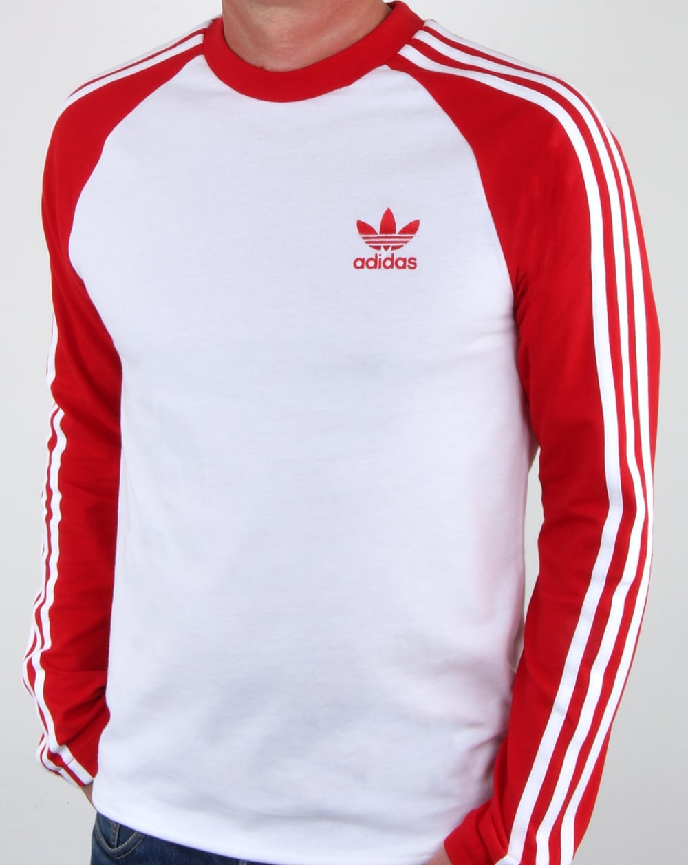 Adidas Originals Long Sleeve 3 Stripes T Shirt White/Red