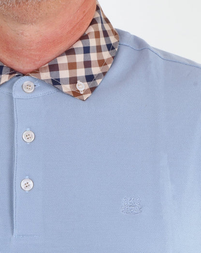 Aquascutum Coniston Check Collar Polo Shirt Sky Blue