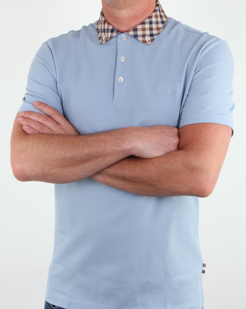 Aquascutum Coniston Check Collar Polo Shirt Sky Blue