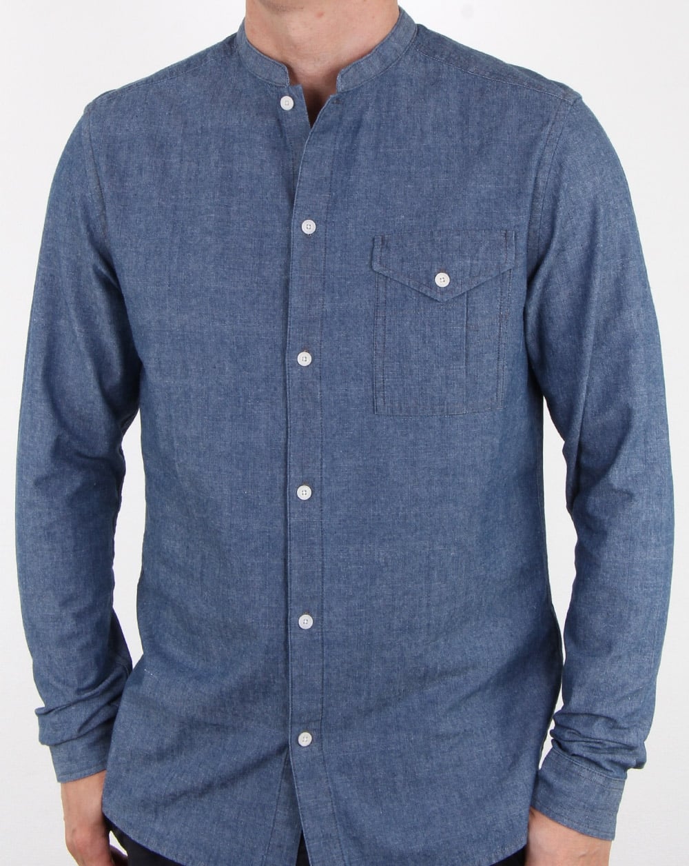 Pretty Green Nightingale Collarless Shirt Indigo