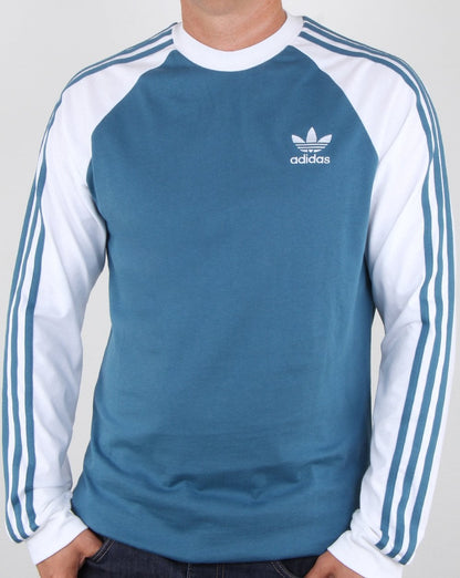Adidas Originals 3 Stripes Long Sleeve T Shirt Blanch Blue