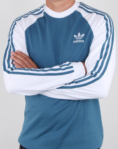 Adidas Originals 3 Stripes Long Sleeve T Shirt Blanch Blue