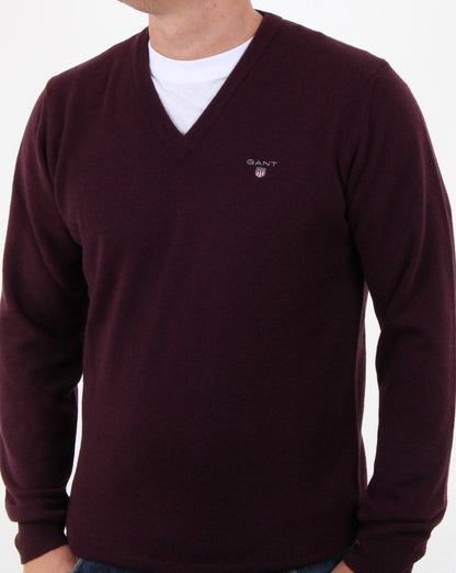 Gant Super Fine Lambswool V-neck Jumper Dark Burgundy