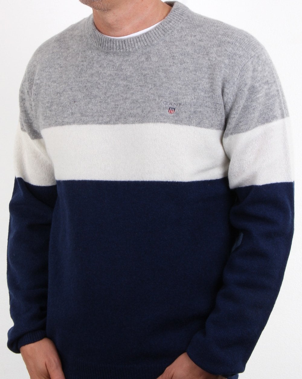 Gant Colourblock Stripe Crew Jumper Evening Blue