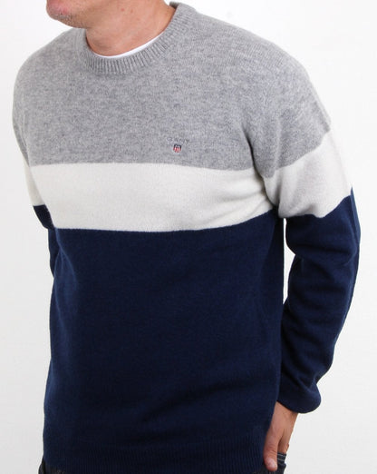 Gant Colourblock Stripe Crew Jumper Evening Blue