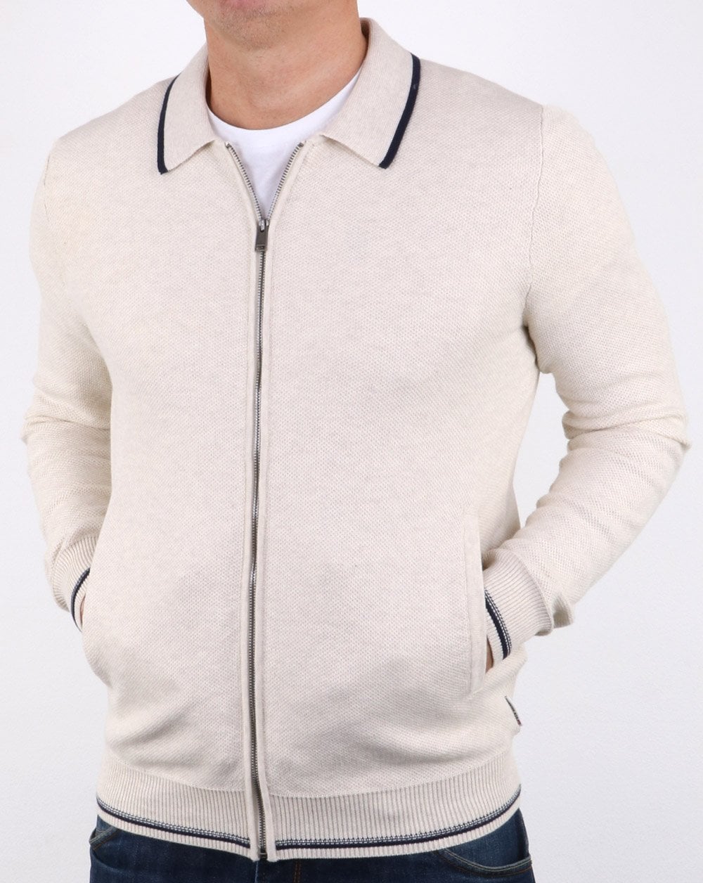 Ben Sherman Zip Through Honey Comb Knit Off White