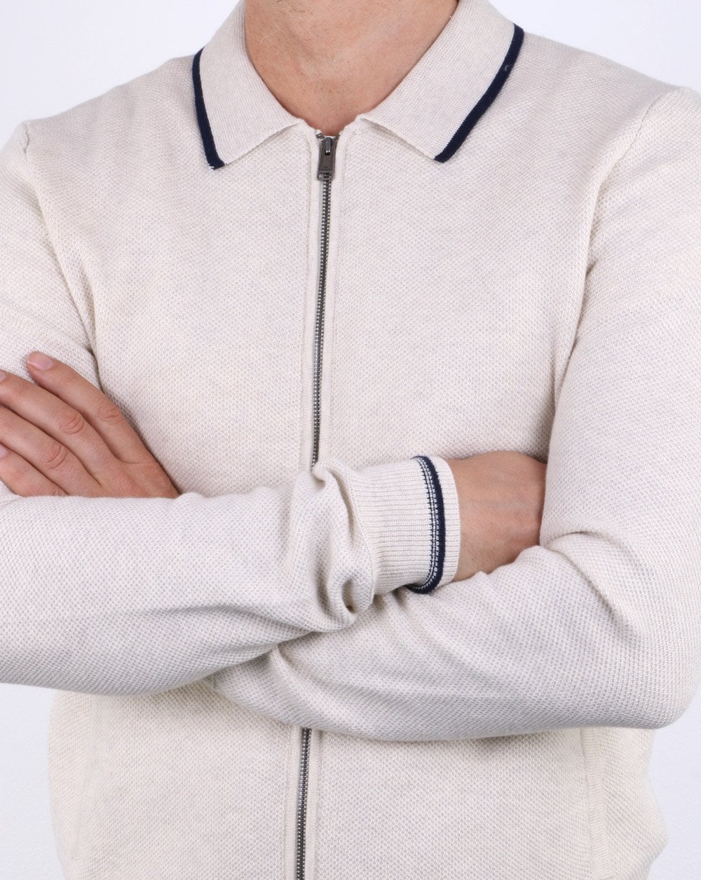 Ben Sherman Zip Through Honey Comb Knit Off White