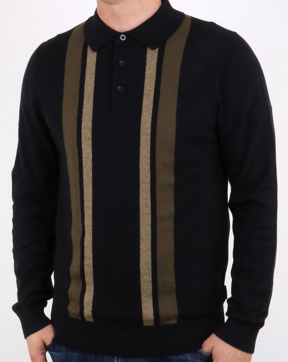 Ben Sherman Colour Block Ls Knit Polo Black