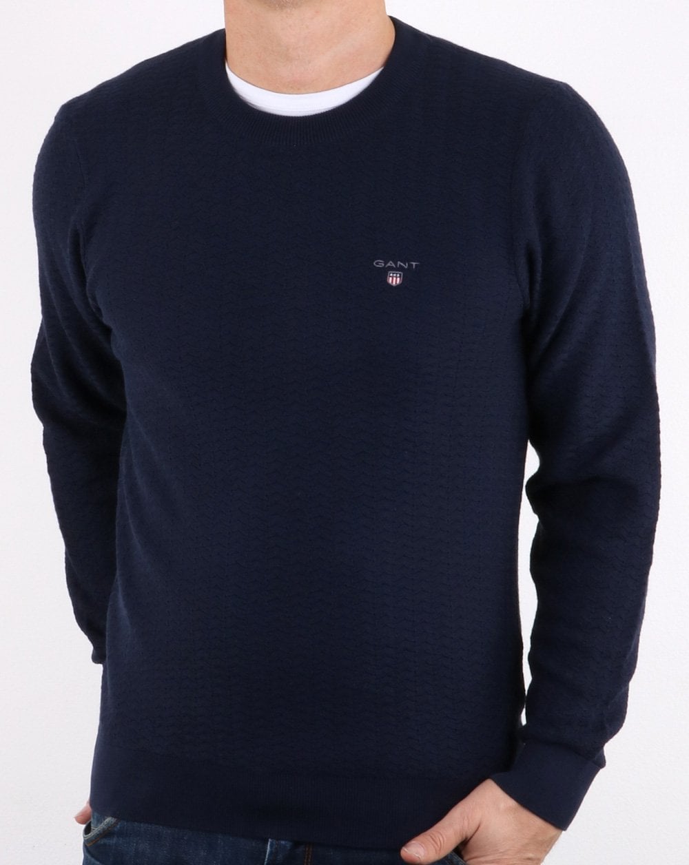Gant Herringbone Texture Crew Jumper Marine