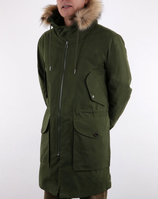 Pretty Green Pretty Green Mens Fur Trim Hooded Parka Khaki