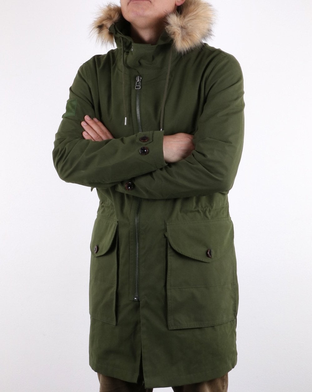 Pretty Green Mens Fur Trim Hooded Parka Khaki