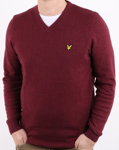 Lyle And Scott Cotton Merino V Neck Jumper Claret Marl