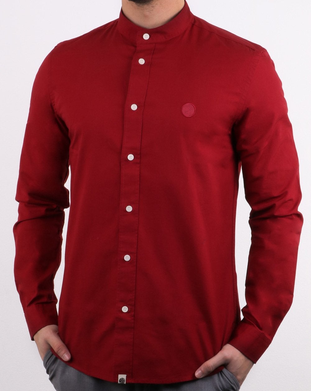 Pretty Green Mens Slim Fit Collarless Shirt Red