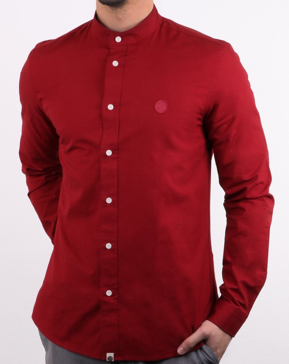Pretty Green Mens Slim Fit Collarless Shirt Red