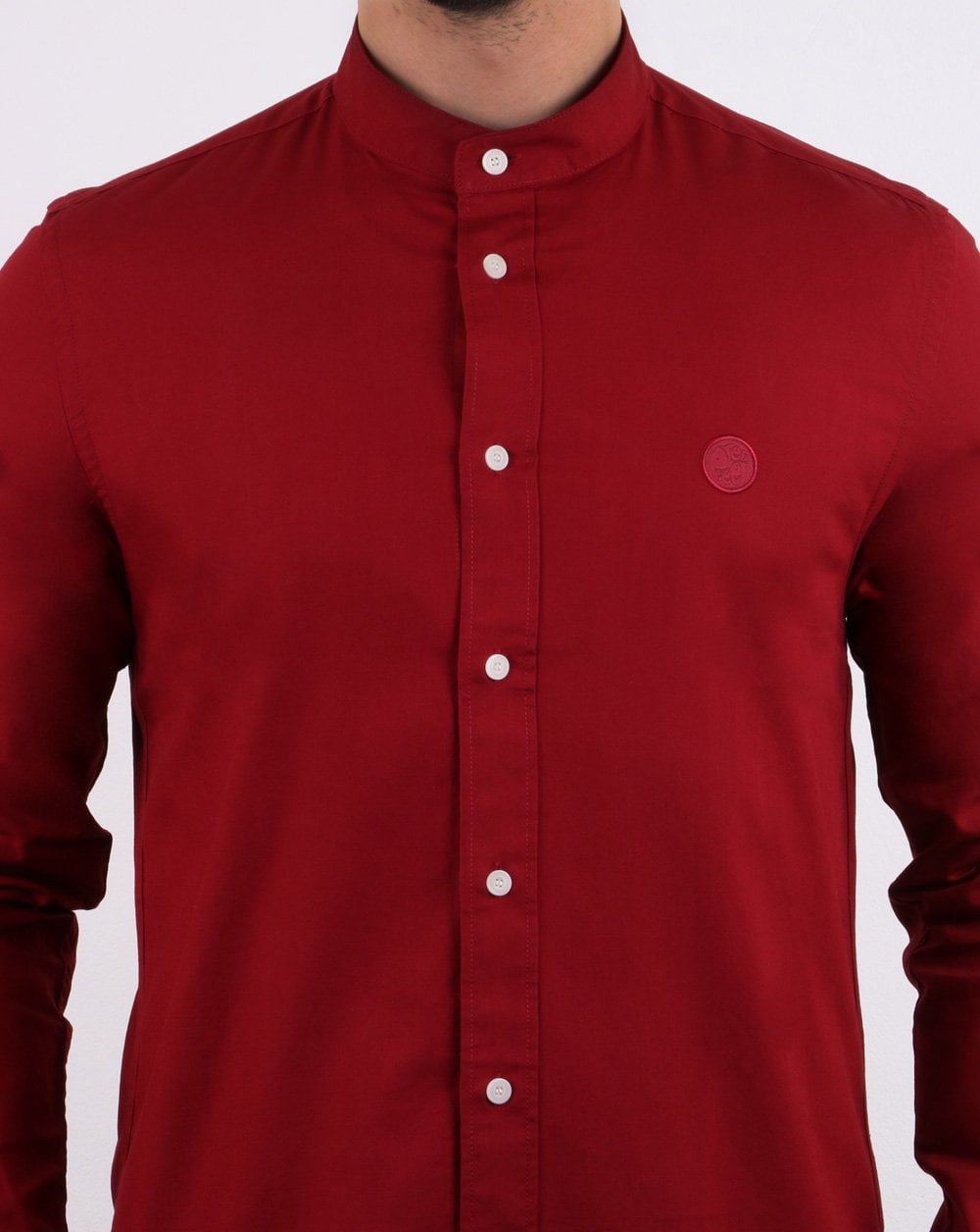 Pretty Green Mens Slim Fit Collarless Shirt Red