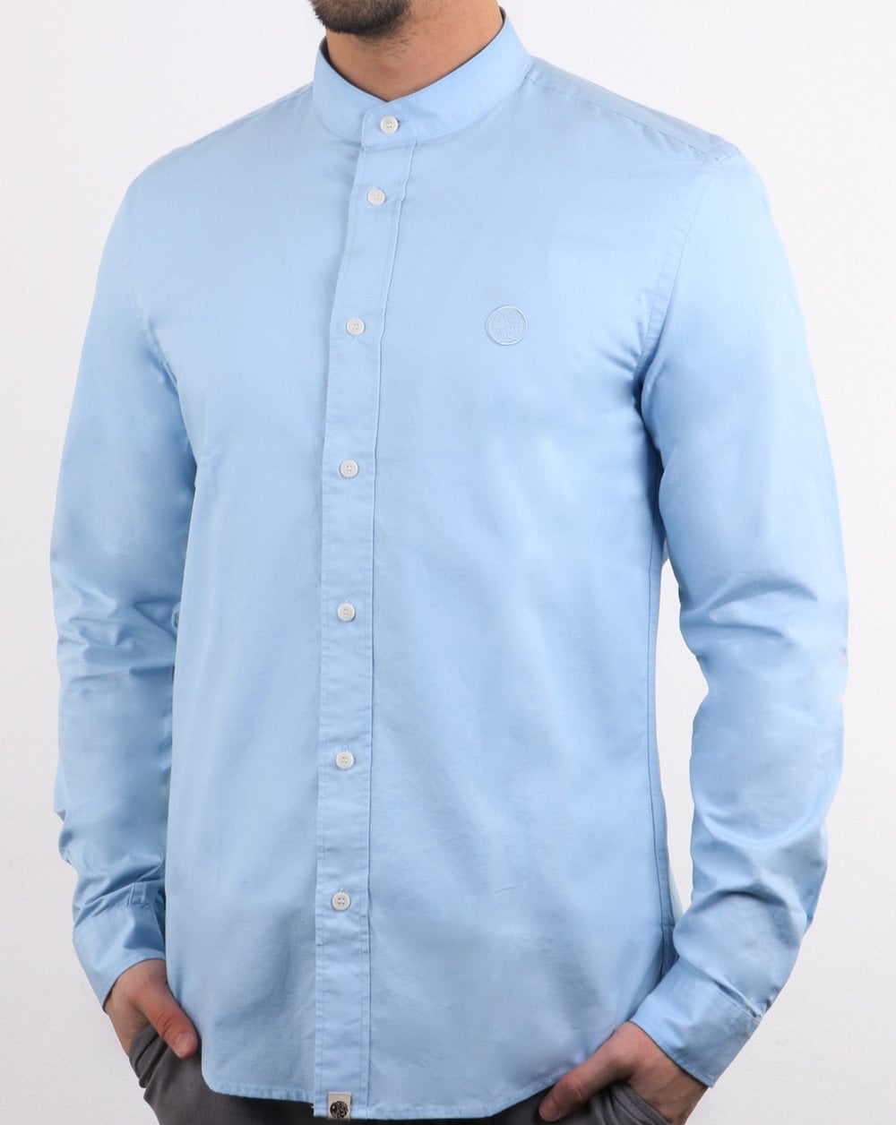 Pretty Green Mens Slim Fit Collarless Shirt Blue