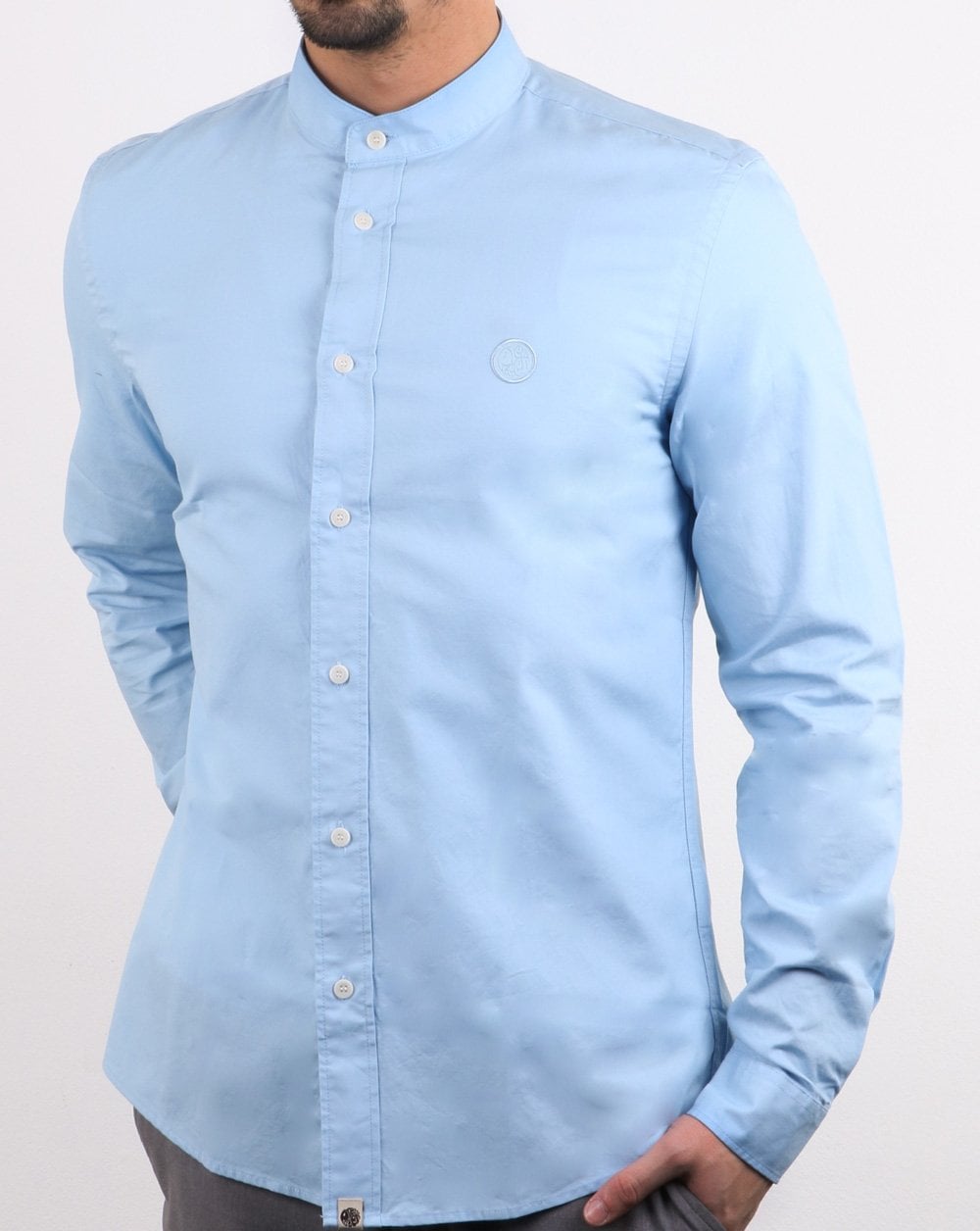 Pretty Green Mens Slim Fit Collarless Shirt Blue