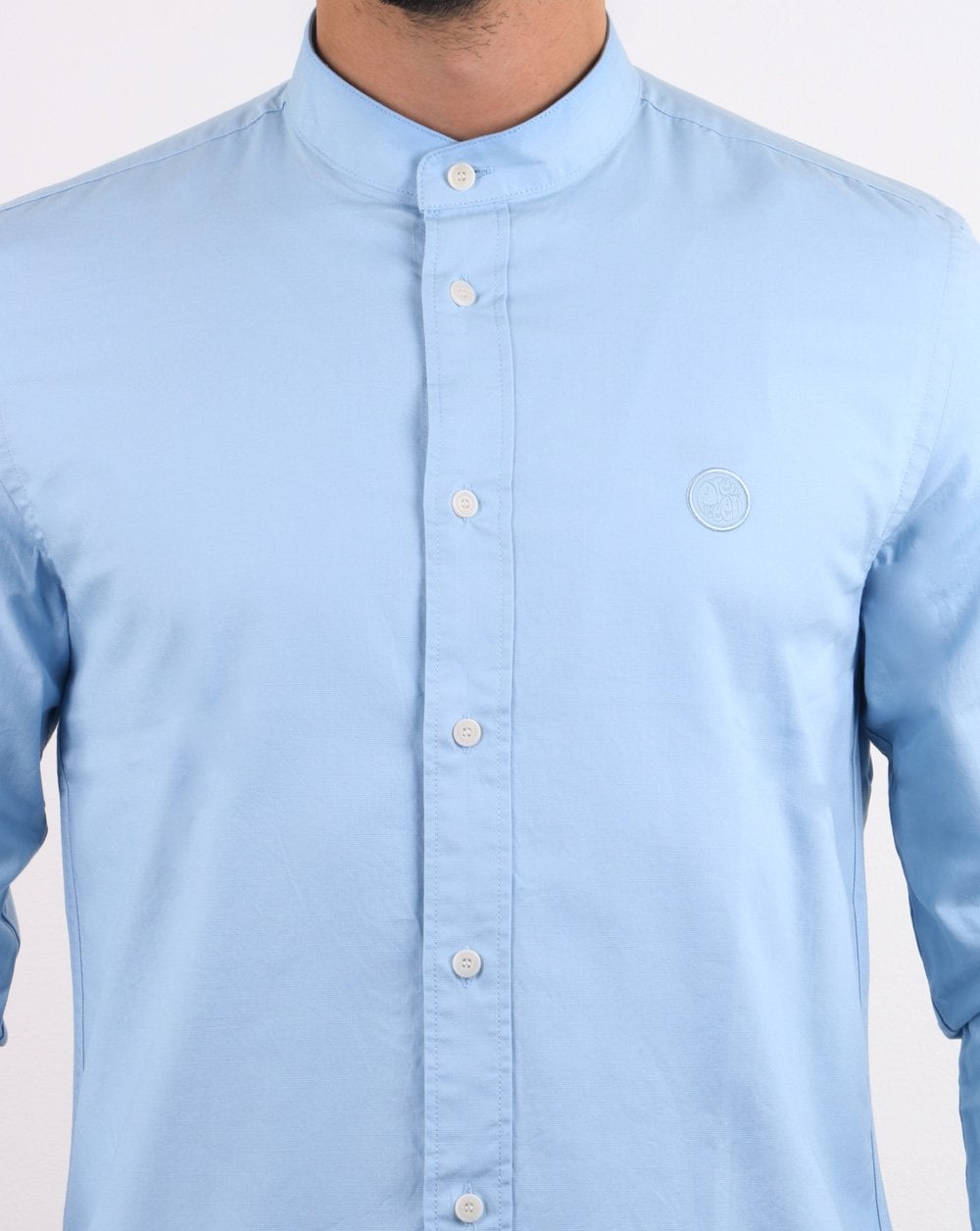 Pretty Green Mens Slim Fit Collarless Shirt Blue