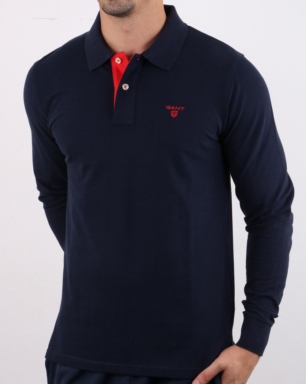 Gant Contrast Long Sleeve Polo Shirt Evening Blue