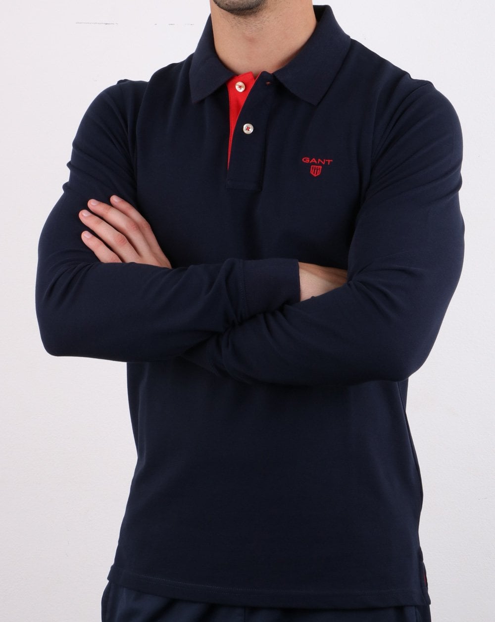 Gant Contrast Long Sleeve Polo Shirt Evening Blue
