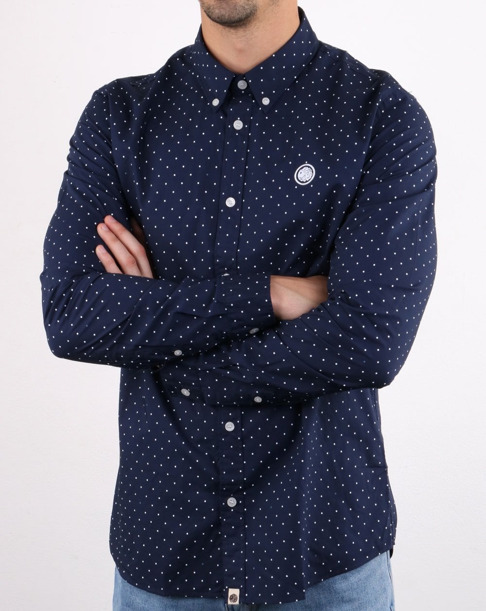Pretty Green Horlock Long Sleeved Polka Dot Shirt Navy