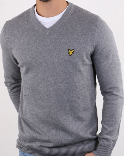 Lyle And Scott Cotton Merino V Neck Jumper Grey Marl