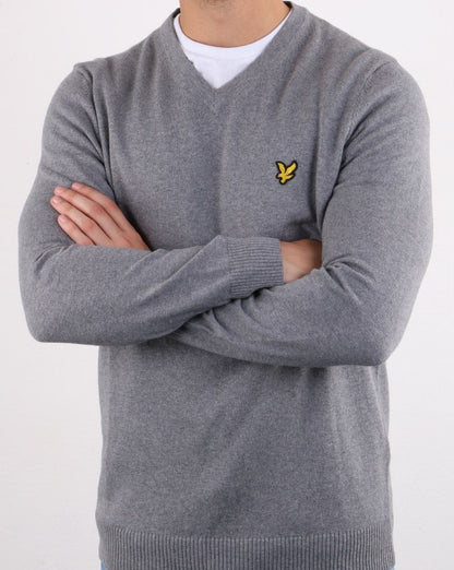 Lyle And Scott Cotton Merino V Neck Jumper Grey Marl