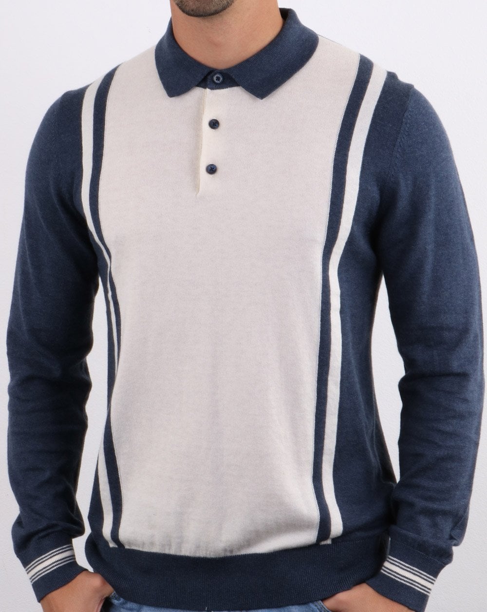 Ben Sherman Long Sleeve Stripe Knit Polo Dark Blue