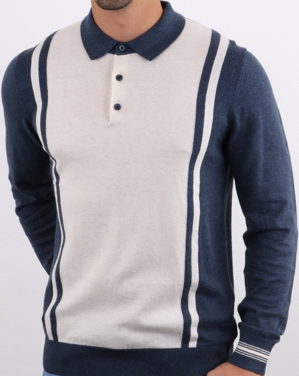 Ben Sherman Long Sleeve Stripe Knit Polo Dark Blue