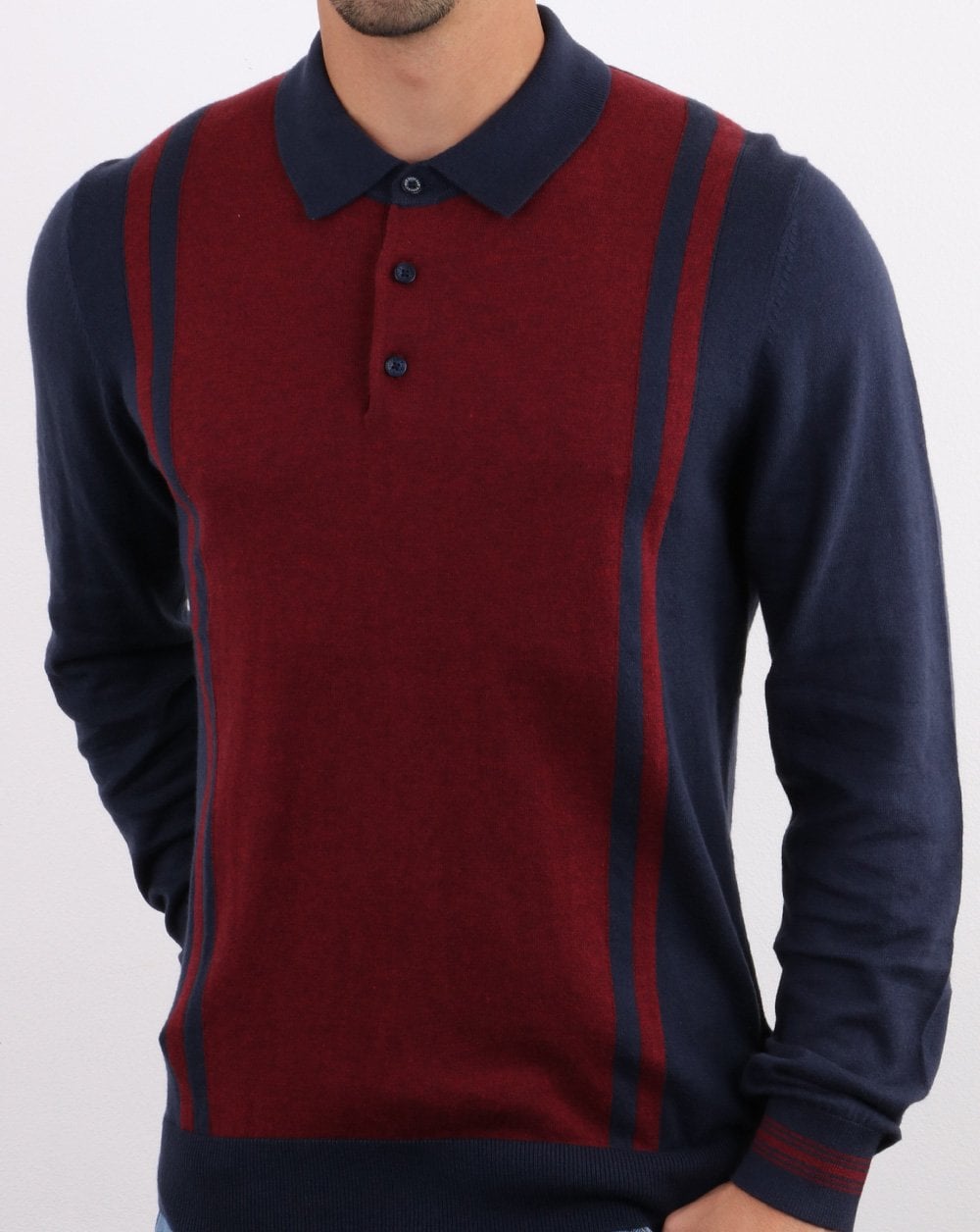 Ben Sherman Long Sleeve Stripe Knit Polo Dark Navy