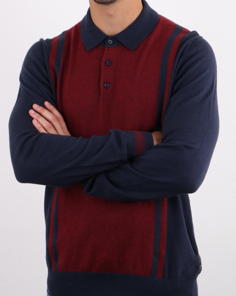 Ben Sherman Long Sleeve Stripe Knit Polo Dark Navy