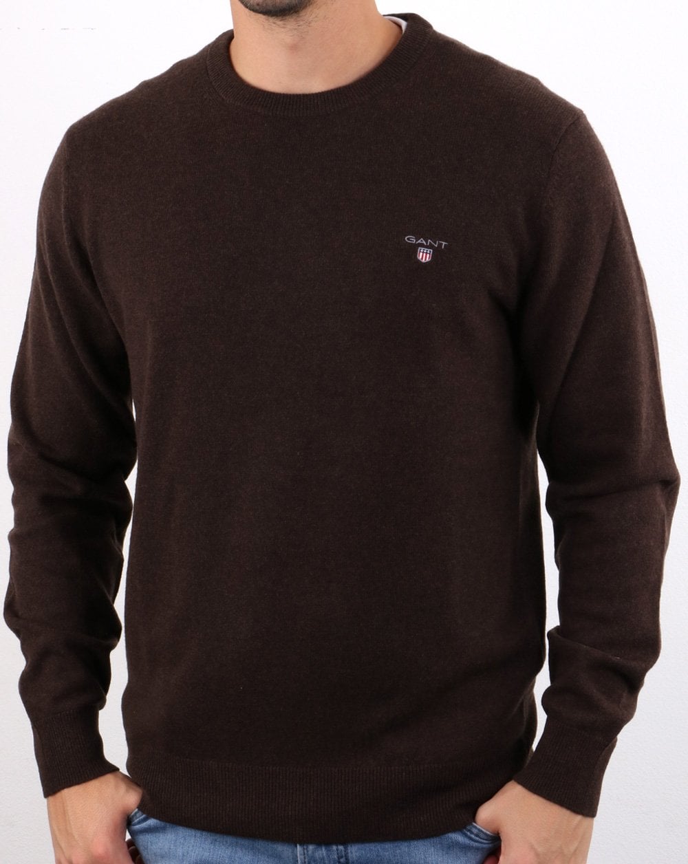 Gant Lambswool Crew Neck Jumper Dark Brown
