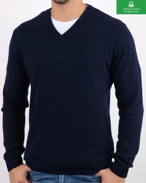 Benetton V-neck Merino Jumper Navy