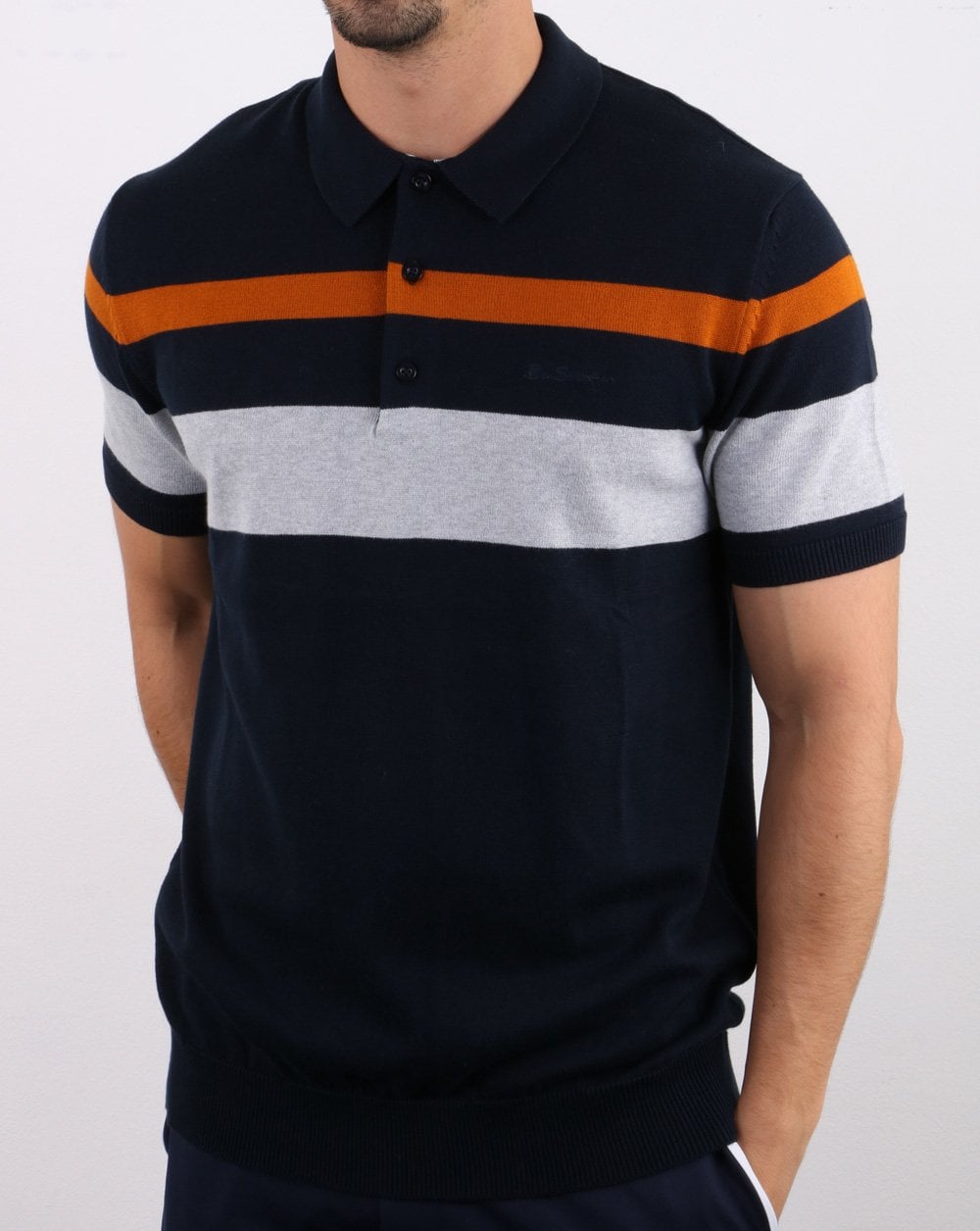 Ben Sherman Chest Stripe Knit Polo Dark Navy